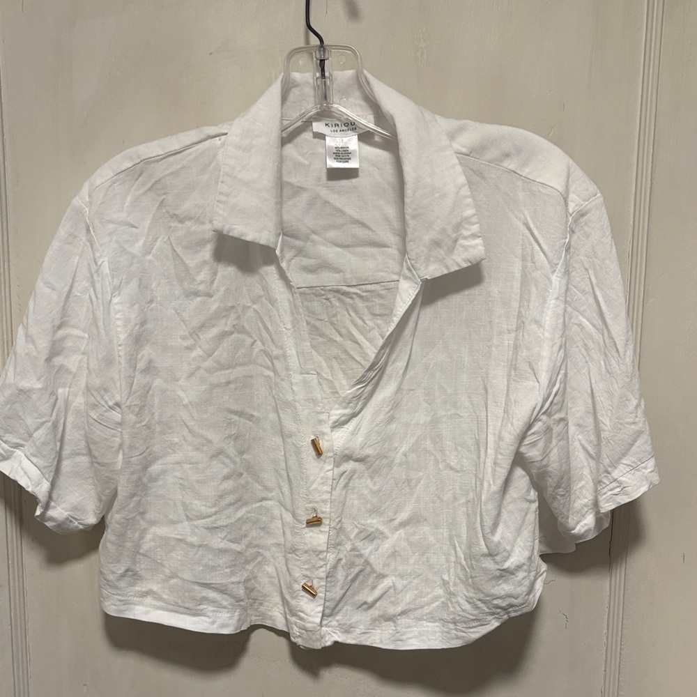 Kirious Los Angeles White Short-Sleeve Cropped Gold  Button-Down Shirt Large
